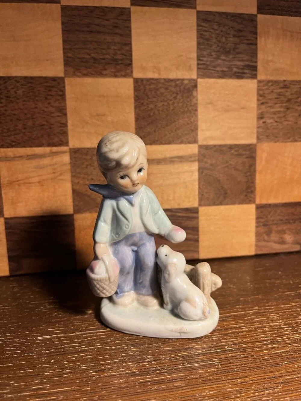 Kowa Style Porcelain Boy with Apple Basket and Dog Figurine, some small cracks a